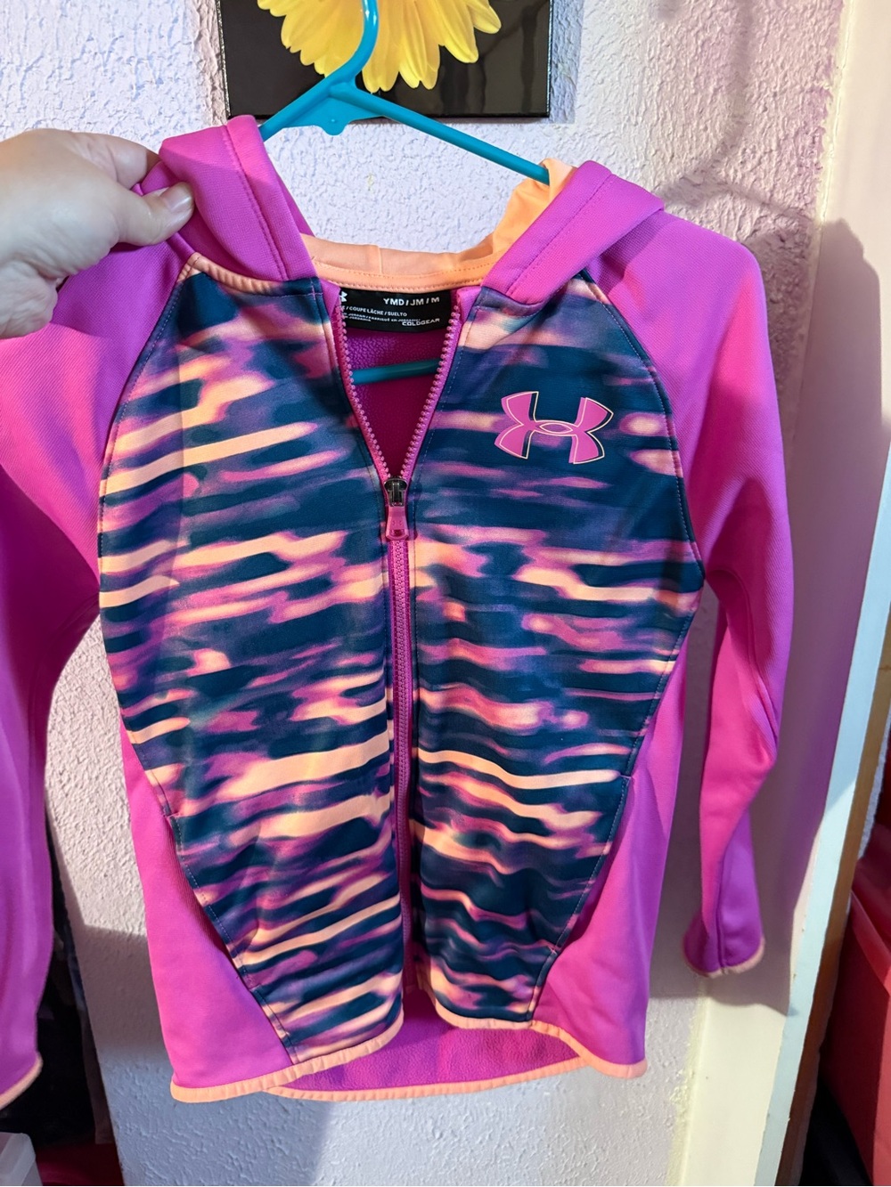 Under Armour Pink Hooded Zip Sweatshirt with Navy Print Panels